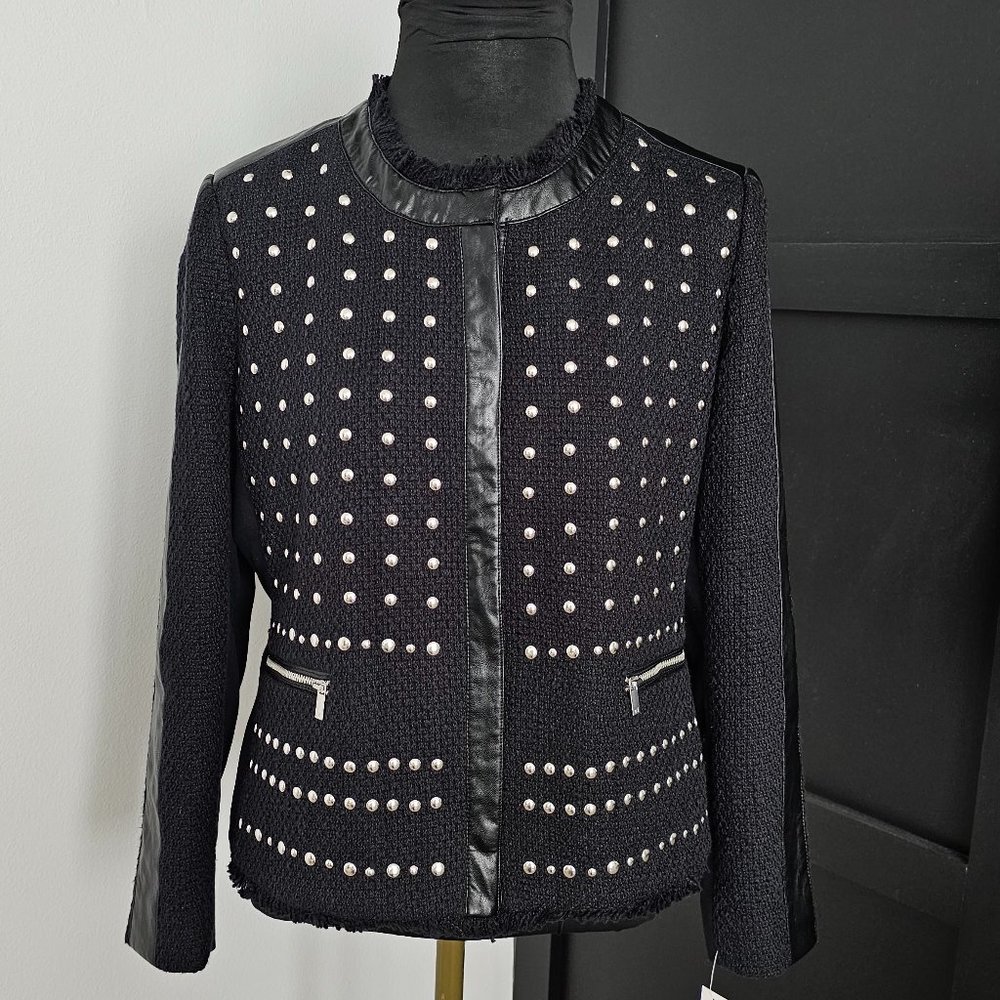 NWT *Peter Nygard* Women´s Black Knit Faux Leather Studded Zip Jacket Petite 8